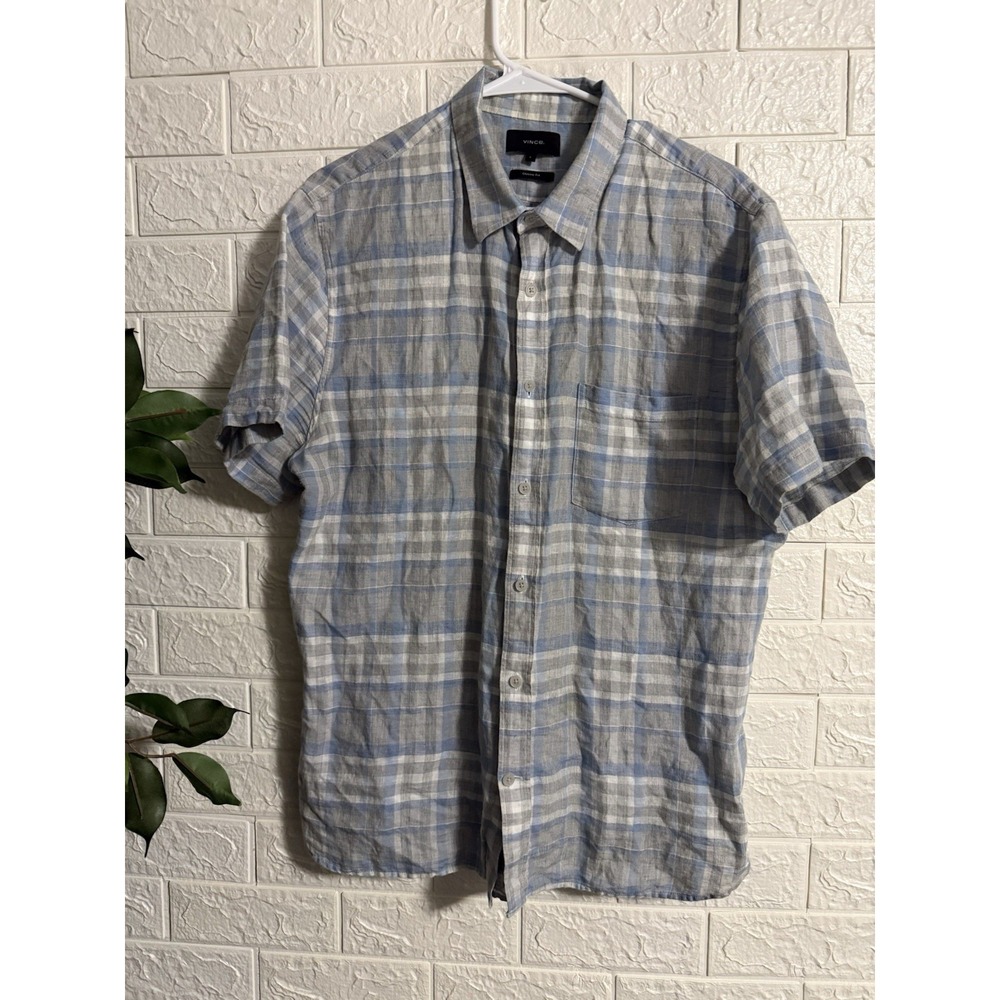Vince Linen Blend Short Sleeve Button Down Shirt, Men's Large Plaid